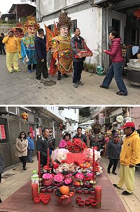 西路境彣大王廟恭送陳元帥回宮,西坵村民焚香恭送陳元帥;青帆居民設攔路宴請陳元帥下轎暫停歇息,歡迎陳元帥回府。(圖/文:宋幸儒)