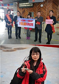 北竿鄉親王翠花首次經由小三通進入大陸,18日回程時成為黃岐港客運出境第10萬名幸運遊客。(圖:陳玉發、陳鵬雄)