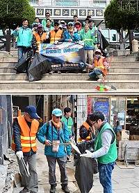 「台灣阿甘」林明德專程抵馬展開第9度徒步環島行,宣揚新活動疼惜台灣、從心出發,為兩岸和平、世界大同而走;環資局長張壽華及多位職員、清潔隊員響應號召,19日上午和他一同挽起衣袖,從介壽村澳口開始撿拾全村的垃圾。(圖/文:曹重偉)