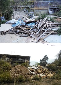 又見濫倒廢棄物污染環境!環境資源局在梅石中正堂附近發現被堆置不少垃圾,已經蒐集相關事證,並鎖定對象持續追蹤。(圖:連江縣環境資源局)