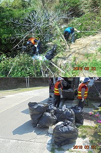 　連江縣環境資源局昨日在水試所招牌後方山坡清出大量廢棄物，環資局將追查肇事者並依法開罰。（圖：環境資源局提供）