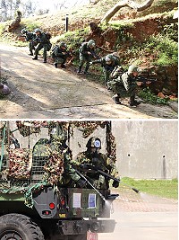 上圖:本部連化兵排受測官兵實施城鎮戰(班攻擊)鑑測。下圖:本部連化兵排受測官兵實施排組合訓練(道路消除站開設)鑑測。(圖/文:翁正坤)