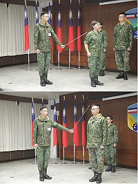 上圖:示範人員示範女性官兵服儀穿著規定。下圖:示範人員示範男性官兵服儀穿著規定。(圖/文:翁正坤)