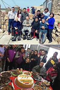 上圖:100歲阿嬤劉春蓮(前左1)24日與胞弟劉宜立(93歲、前左2)及家屬合影,下圖:娘家台馬家屬24日為100歲阿嬤劉春蓮暖壽。(圖:家屬提供)