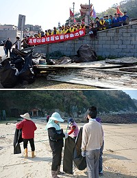 軍民動起來!馬港社協24日上午在馬港舉辦淨灘,村民會同支援駐軍、環資局清潔隊及志工一起清理海漂垃圾,經過一上午的努力,總算重現海灘美麗面貌。(圖/文:曹重偉)