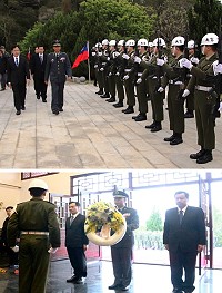 (上圖)指揮官與縣長校閱部隊軍容。(下圖)指揮官向先賢先烈獻花。(圖/文:謝承翰)