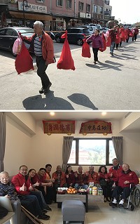 山隴品樂大樓喬遷儀式,親友仿古禮扁擔挑紅布袋慶賀,喜氣洋溢。(圖:吳嘉榮)