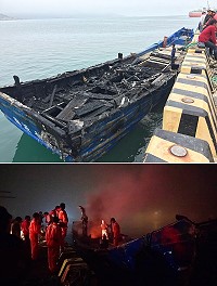 北竿籍貨船「海源號」3日晚間11時左右突然起火燃燒,火勢猛烈,在消防隊灌救下終於撲滅。(圖:馬祖區漁會電台)