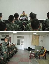(上圖)指揮官實施精神講話。(下圖)指揮官逐一詢問70梯轉服役男到部狀況。(圖/文:謝承翰)