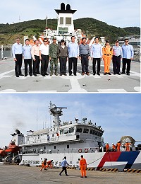 為確保馬祖海域永續漁業資源,在立委陳雪生力促之下,海巡署特派出苗栗艦來馬,與馬祖海巡隊執行聯合威力掃蕩勤務,縣長劉增應、議長張永江、指揮官楊海明等一行登艦參觀,對於苗栗艦的先進設施及高超戰力表示稱許。(圖/文:曹重偉)