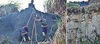 東引樂華村聯外道路內側邊坡進行掛網植生工程,施作難度高,非專業工程人員無法勝任。(圖/文:陳其敏)