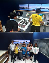 東莒國小師生結合海洋教育至海洋大學,學習船隻相關機械原理及基礎,並實際體驗商船駕駛模擬器。(圖:教育處)