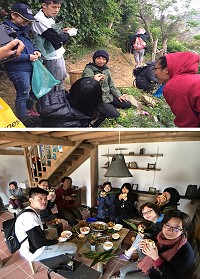 (上圖)魚路古道上生態豐富,介紹認識及採集春天可食野菜及花果樹木。(下圖)收集採拾野菜,美味料理上桌大快朵頤。(圖/文:蔡夢玲)