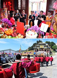 山隴境北極玄天宮玄天上帝萬壽聖誕活動隆重登場,為歡迎來自北竿芹壁天后宮、上村趙元帥祝壽團及信眾們,玄天宮派出鼓板隊及紅布條迎賓。祭祀典禮由縣長劉增應主祭,與議長張永江、副議長陳書建及各宮廟代表循古禮焚香祭拜,祈求保佑馬祖闔境平安。(圖/文:曹重偉)