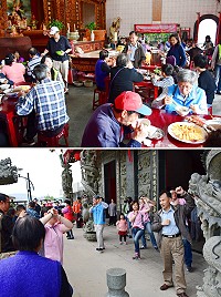 老人共餐活動21日首次移師清水村,吸引清水、珠螺村及大同之家長者們40多人前來共餐,餐前還有衛福局帶來的腦朋友暖身操,縣長劉增應、局長謝春福也到場與鄉親同樂。(圖/文:曹重偉)