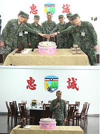 上圖:指揮官與壽星人員共同切蛋糕。下圖:指揮官於慶生餐會中致詞。(圖/文:翁正坤)