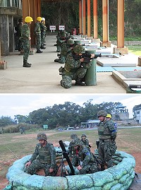 上圖:受測官兵實施T91步槍射擊鑑測。下圖:受測官兵實施81迫砲鑑測。(圖/文:翁正坤)