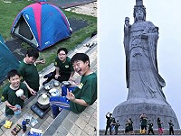 東引國小到南竿島進行戶外教育活動,小朋友在中正國中小校園體驗生平第一次外地露營,並參訪媽祖神像園區等地。(圖:東引國小)