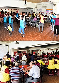 　推廣長者共餐，鐵板關懷據點長青食堂1日開辦，吸引村中20多位年長鄉親前往體驗；衛福局秘書池瑞萍率多位職員前往宣導長照福利相關政策，並示範最近大力推廣的腦朋友暖身操，帶動全場歡樂律動。（圖／文：曹重偉）