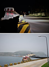 　配合「藍眼淚」觀光，東引鄉公所在「梅臺」附近路段裝設投射地燈，替代六米高的路燈。（圖／文：陳其敏） 