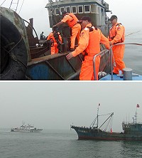 陸船1日上午於莒光海域非法越界拖網,馬祖海巡隊強勢押回船上9人偵辦。(圖:海巡署艦隊分署馬祖海巡隊)