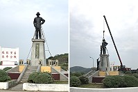 　西莒青帆圓環蔣公銅像重新豎立，預計一星期左右就可恢復原來面貌。（圖／文：宋幸儒）