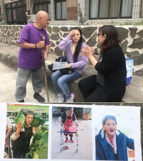 桃園外甥女董子瑀(圖中)馬祖尋親西莒82歲獨居依伯林依蓮(左、持拐杖者),前西莒傳統技藝協會理事長陳曉婷(右)協助完成舅甥之間對話。下圖為董子瑀的母親。(圖/西莒傳統技藝協會)