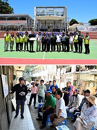 連江縣議會縣政考察南竿鄉,主要關切校舍工程注意學童安全、梅石倒塌房屋要立即處理,一行也特別在介壽舊禮堂保留外觀前與校長、教師們合影留念。(圖/文:曹重偉)
