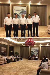 大陸福建省長唐登杰(圖中)、省委常委周聯清(右2)與劉增應、陳雪生、張永江18日下午會談後合影留念暨兩馬小三通事務協商以來,與省長第1次正式會談。(圖:連江縣政府產發處)