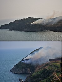 昨天下午3時半,西引鱷魚島發生火燒山,消防隊與義消獲報後趕往救災,迅速控制火勢。(圖/文:陳其敏)