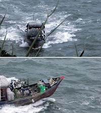 天眼發威,生態殺手章魚籠無所遁形!第一○岸巡隊23日下午於鐵尖海域發現國籍漁船違法使用章魚籠作業,為今年內第二例。(圖:海巡署金馬澎分署馬祖岸巡隊)
