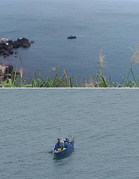 北竿坂里水庫下方環島北路沿岸一帶一艘越界小船經常出沒,除了釣魚還放章魚籠。(圖:民眾提供)