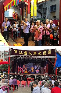 　北竿信德堂探花府「田都元帥」大陸謁祖祝壽進香團30日到達大陸福建省仙游縣田聖府祖廟上香，連續3天開演莆仙戲，招待眾神明及團員觀看。（圖：北竿信德堂探花府提供）