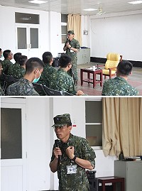 (上圖)主任主持常備兵役軍事訓練73梯心輔座談。(下圖)主任以自身經驗勉勵役男在服役期間能有所收穫。(圖/文:江耿逸)