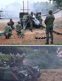 (上圖)105榴砲針對敵登陸船團實施射擊。(圖/文:江耿逸);(下圖)50機槍對海實施射擊。(圖/文:謝佳宏)