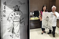 知名鄉土畫家林晉參訪莒光,現場揮毫,贈送「古蹟燈塔˙蛇島飛燕」及「揚善接福」鍾馗畫像,做為謝禮。(圖/文:宋幸儒)