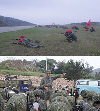 (上圖)假想敵模擬空機降作戰實況。(下圖)指揮官勗勉參演官兵。(圖/文:江耿逸)