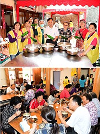 山隴社區關懷據點10日長者共餐特色主食推出大家熟悉的家鄉味棍麵(家常麵),縣長劉增應到場關心志工媽媽們準備食材的辛苦,並與長者共享美食。(圖/文:曹重偉)
