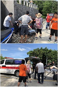 北竿環島北路納骨堂路段發生機車摔車意外,傷者手腳擦傷送醫包紮。(圖/文:陳鵬雄)