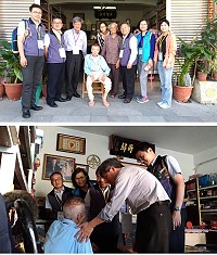 　（上圖）北市聯醫翁林仲副總院長（右三）、聯醫劉建良醫師（左一）、劉嘉仁特助（左二）、連江縣衛福局長謝春福（左三）、台北市政府秘書處股長旋巧潔（右一）、衛福局科長陳月欽（右二）15日一同前往探視北竿長者。（圖：衛生福利局提供）