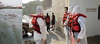 西莒青帆中正門、青帆碼頭前海域19日下午出現重燃油污染,岸巡通報縣環資局、公所環保課等相關單位處理。(圖:陳善澔)