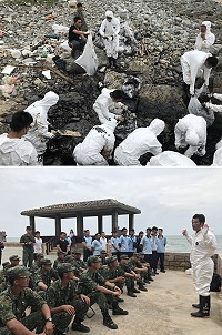 西莒海岸線重油污染除油工作,23日上午環資局會同莒光守備大隊、第十岸巡隊及莒光鄉公所環保人員,在坤坵及樂道澳同時展開。(圖/文:宋幸儒)