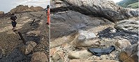 　23日東莒鄉親通報大埔石刻下方沿岸礁石上方出現大面積油污，盼能盡早處理將對環境的影響降到最低。（圖／文：蔡夢玲、林宏豫提供）