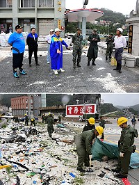 「瑪莉亞」颱風過境之後,受到大潮影響,福澳村有大批海漂垃圾吹進村,而且幾乎都是來自對岸的保麗龍,大量堆積在岸邊甚至把機車都淹沒了;縣長劉增應指示立即優先清理;之後由港運營支援弟兄展開清理工作。(圖/文:曹重偉)