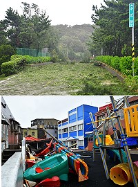 　中度颱風瑪莉亞直擊東引，造成大量樹木折斷毀損外，還造成一艘機動小船沈沒，以及掀掉幼兒園屋頂上附加鐵皮鋪面。（圖／文：陳其敏） 