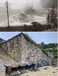瑪莉亞橋仔掀巨浪,澳口多艘舢舨遭大浪捲走損失慘重;大澳一面百年老牆地基淘空。(圖:橋仔鄉親、陳鵬雄)