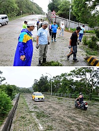 中度颱風瑪莉亞強勢過境,強風豪雨肆虐近12小時,南竿各處道路都遍布斷枝落葉;縣長劉增應、議長張永江待警報解除後,會同指揮官楊海明、秘書長張龍德、鄉長陳振國等人前往現勘。(圖/文:曹重偉)
