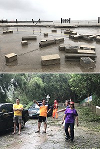 「瑪莉亞」颱風夾帶狂風驟雨過境馬祖,帶來許多災情,環保人員及莒光守備大隊共同清理環境,將主幹道落葉先清理完畢恢復通行。(圖/文:宋幸儒)