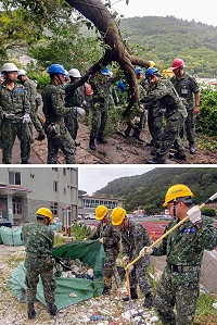 (上圖)馬防部官兵協助道路樹木清運。(下圖)馬防部官兵協助福澳港港區災後復原。(圖/文:謝宏源)