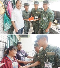 (上圖)連江縣議員陳貴忠先生表彰官兵發揮愛民助民精神。(下圖)北竿鄉橋仔村民對協助通報官兵表達感謝。(圖/文:楊力臻)